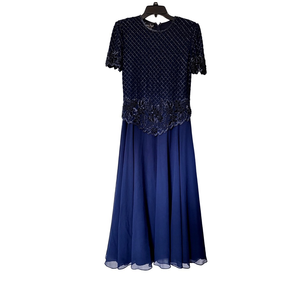 Laurence Kazar Navy Blue Beaded Sequin Evening Gown Dress Short Sleeve Small